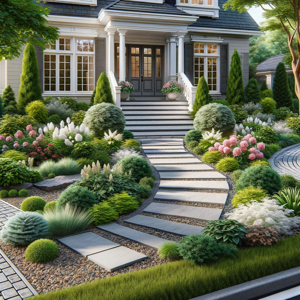 Elegant front yard landscaping with stone pathway and white staircase surrounded by lush shrubs and flowering plants.